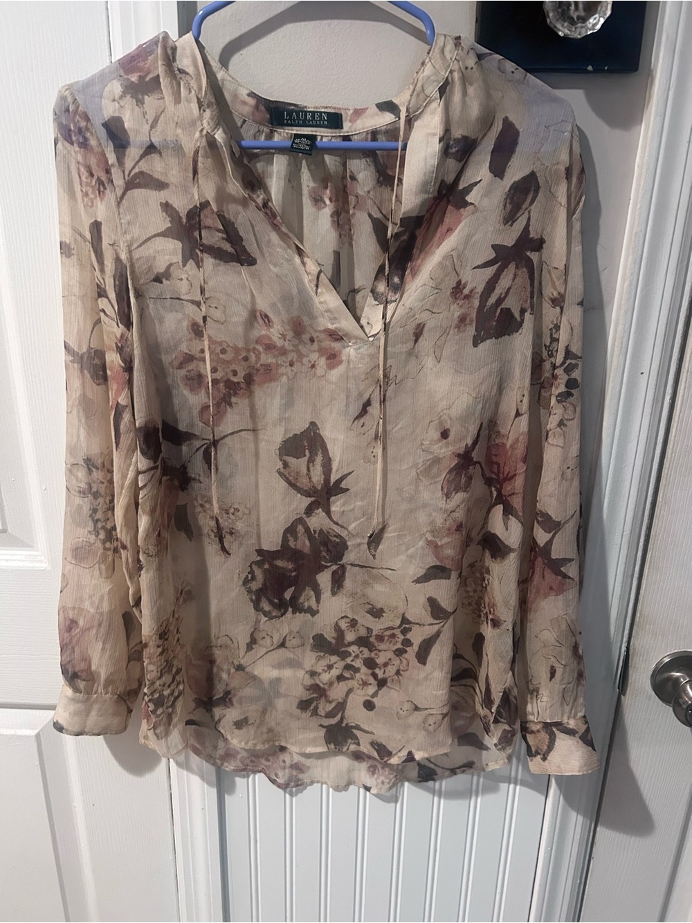 Lauren Ralph Lauren Cream Floral V-Neck Long Sleeve Blouse
